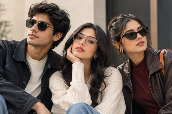 Three friends wearing Haute Glance sunglasses and clear-frame glasses